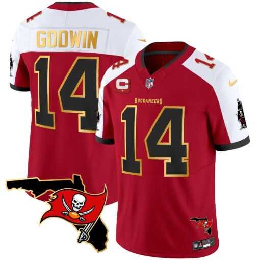 Mens Tampa Bay Buccaneers #14 Chris Godwin Red White With Florida Patch Gold Trim Vapor Stitched Jersey Dyin